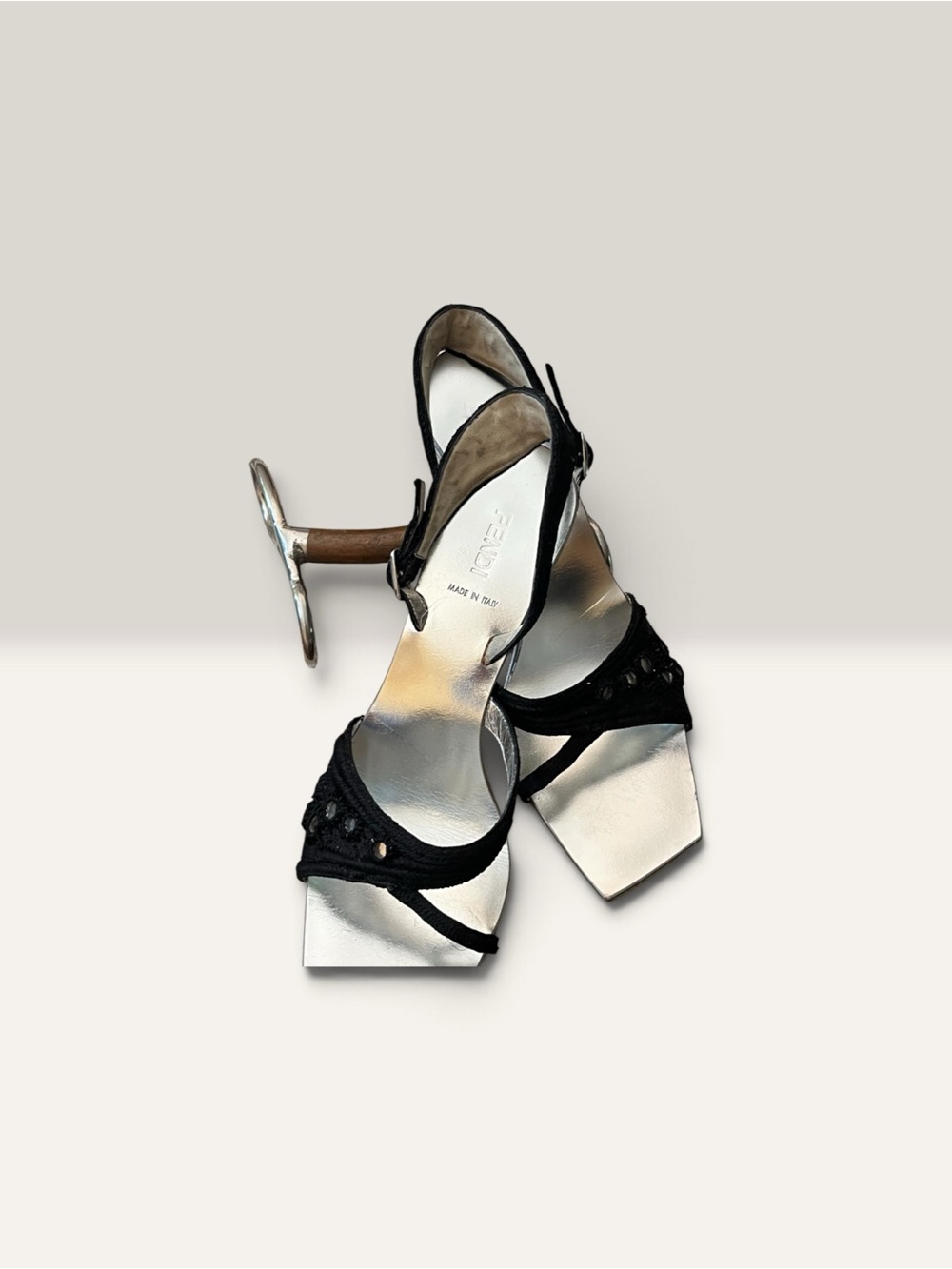 Fendi Black jeweled Macrame and Silver Square-Toe Slingback Heels circa 2000